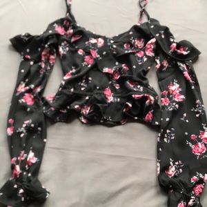 Spaghetti strap off the shoulders blouse.